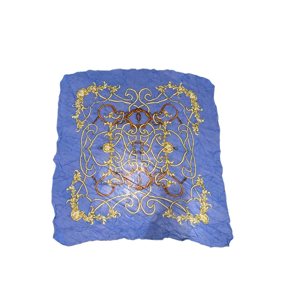 J. McLaughlin Blue Gold Equestrian Bridles 100% Silk Square Scarf 34x32"